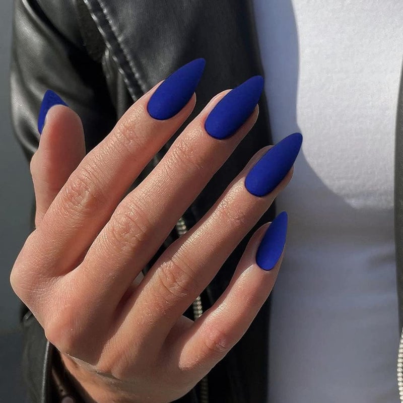 KQueenest Dark Blue Press on Nails Medium Stiletto Almond, Matte Pure Color Acrylic Nails Kit Reusable Fake Nails with Feature Protective UV Coating for Women Nail Art Manicure in 24PCS - Image 1